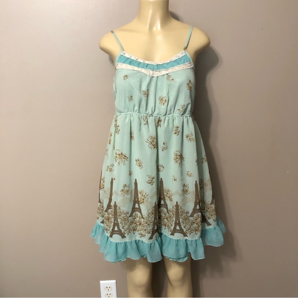 Axes Femme Eiffel Tower Blue Floral Lace Spaghetti Strap Dress Size Medium